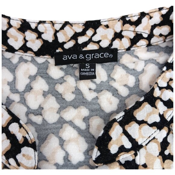 AVA & GRACE-Women's Pleated 3/4 Sleeve-SMALL-Floral-Black with White-Tan Flowers - Picture 11 of 12